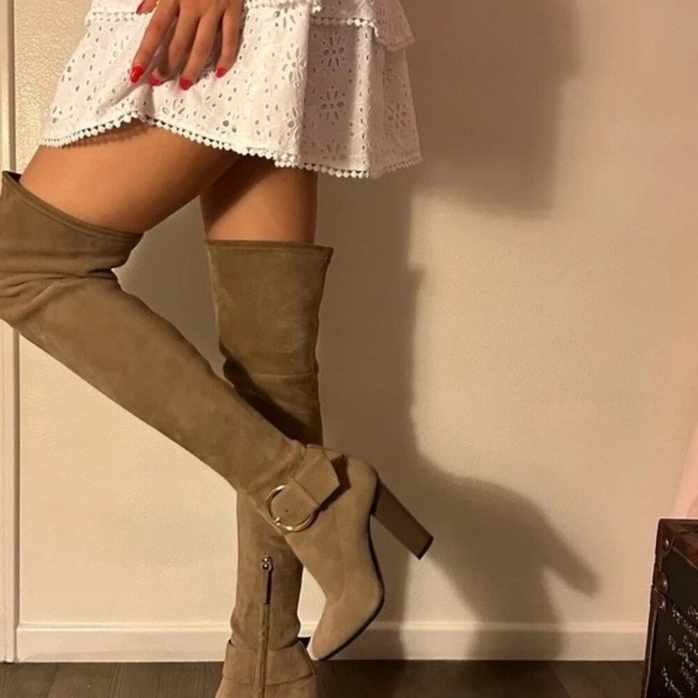 ⭐ Giuseppe Zanotti Tan Suede Over-the-Knee Boots Size 7.5 / IT 38 – Gold Buckle